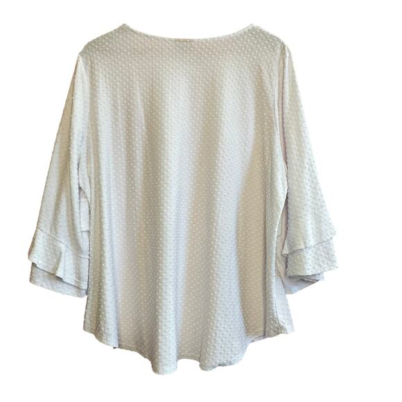RUBY RD Top 2X White Textured Knit 3/4 Sleeve Layered Ruffle Hem Blouse Plus - Picture 2 of 5